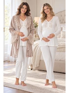 Effortt 8088G Kadife Sabahlıklı Dantelli Lohusa Pijama Takımı